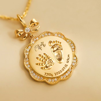 Custom Baby Hand & Footprint Pendant with Bow and Diamonds in 18K Gold