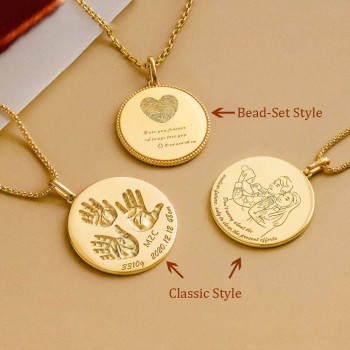 Custom baby Hand & Footprint round pendant in 18K Gold