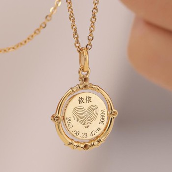 Diamond-Accented Rotating Pendant with Custom Baby Fingerprint & Engraving in 18K Gold