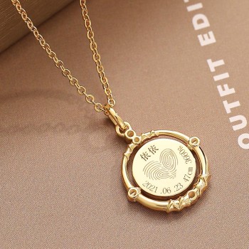 Diamond-Accented Rotating Pendant with Custom Baby Fingerprint & Engraving in 18K Gold