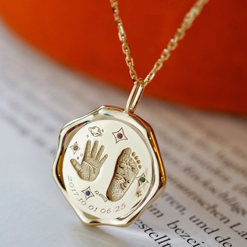 Custom Baby Hand and Footprint Pendant in 18K Gold - Irregular Shape Keepsake Jewelry
