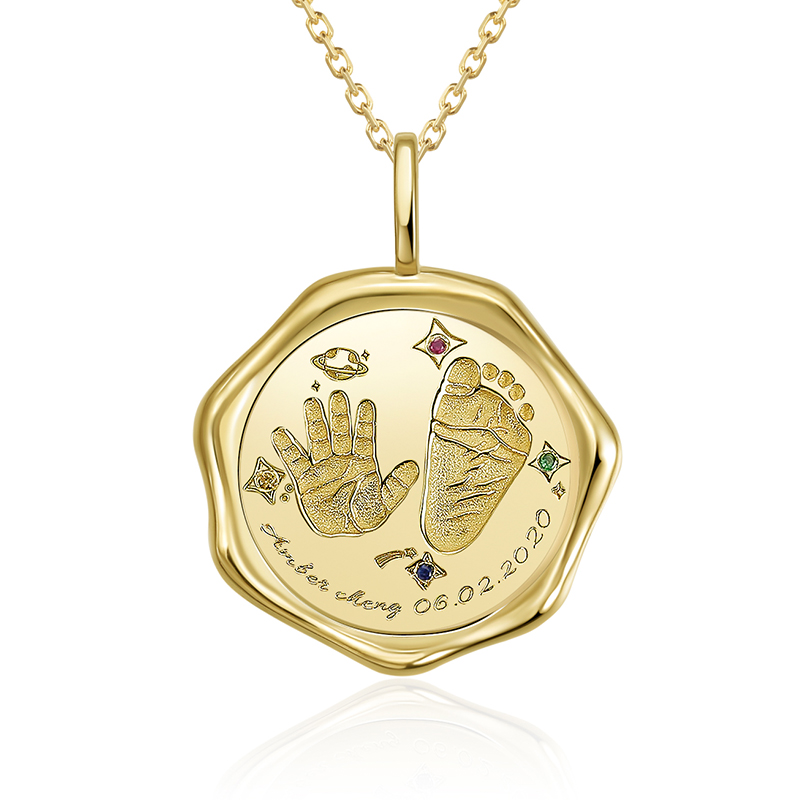 Custom Baby Hand and Footprint Pendant in 18K Gold - Irregular Shape Keepsake Jewelry