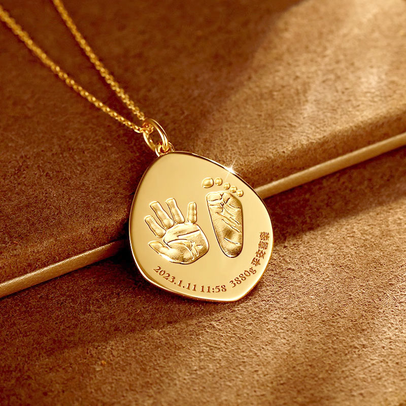 Custom Baby Footprint and Handprint Pendant in 18K Gold - Irregular Shape Keepsake Jewelry