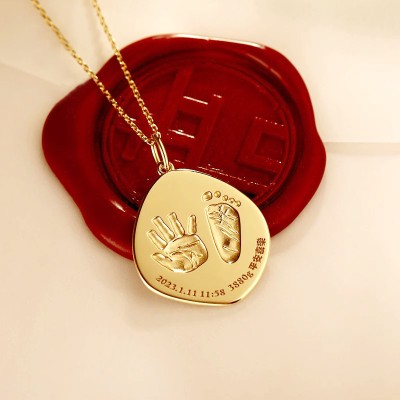 Custom Baby Footprint and Handprint Pendant in 18K Gold - Irregular Shape Keepsake Jewelry