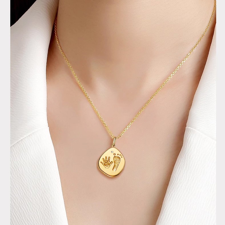 Custom Baby Footprint and Handprint Pendant in 18K Gold - Irregular Shape Keepsake Jewelry