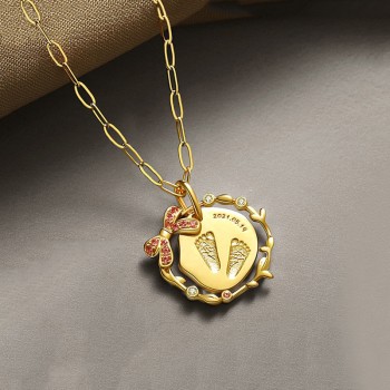 Ruby Bow Baby Handprint & Footprint Pendant in 18K Gold - Customizable Keepsake Necklace