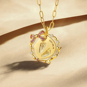 Ruby Bow Baby Handprint & Footprint Pendant in 18K Gold - Customizable Keepsake Necklace