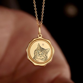Custom 18K Gold Wax Seal Style Cat Portrait Pendant with Diamond