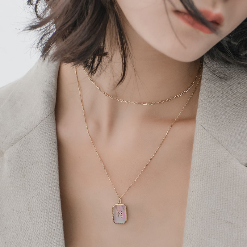 Custom Initial Necklace - 18K Gold Pink Mother-of-Pearl Square Pendant