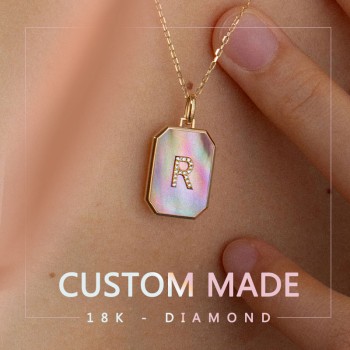Custom Initial Necklace - 18K Gold Pink Mother-of-Pearl Square Pendant