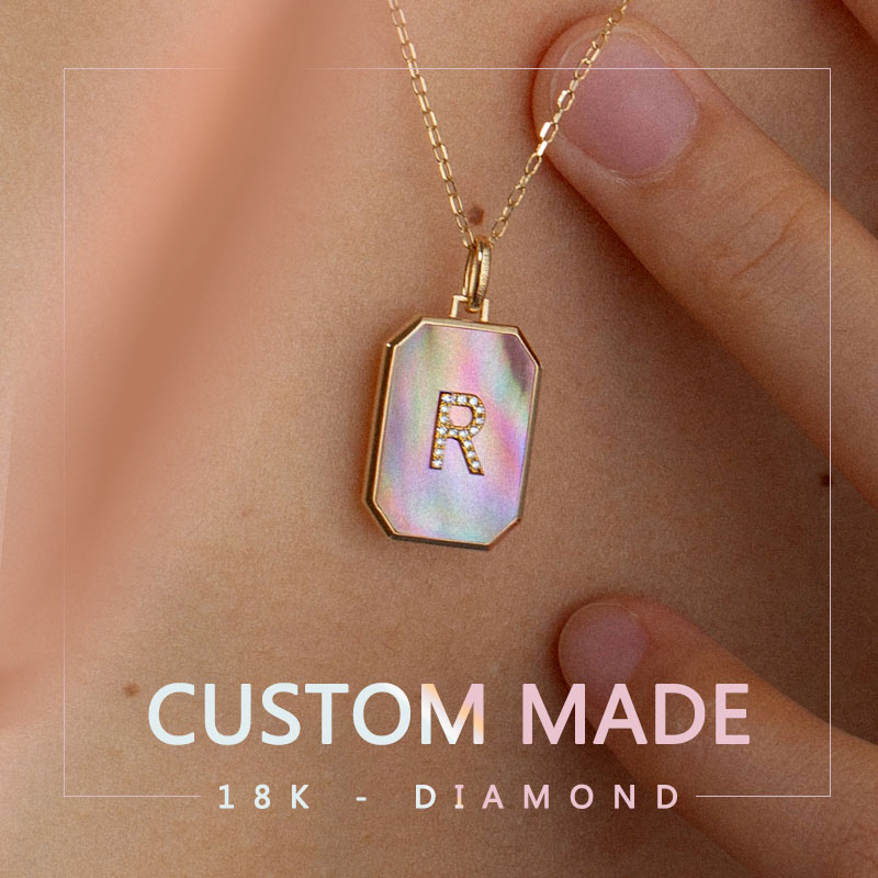 Custom Initial Necklace - 18K Gold Pink Mother-of-Pearl Square Pendant