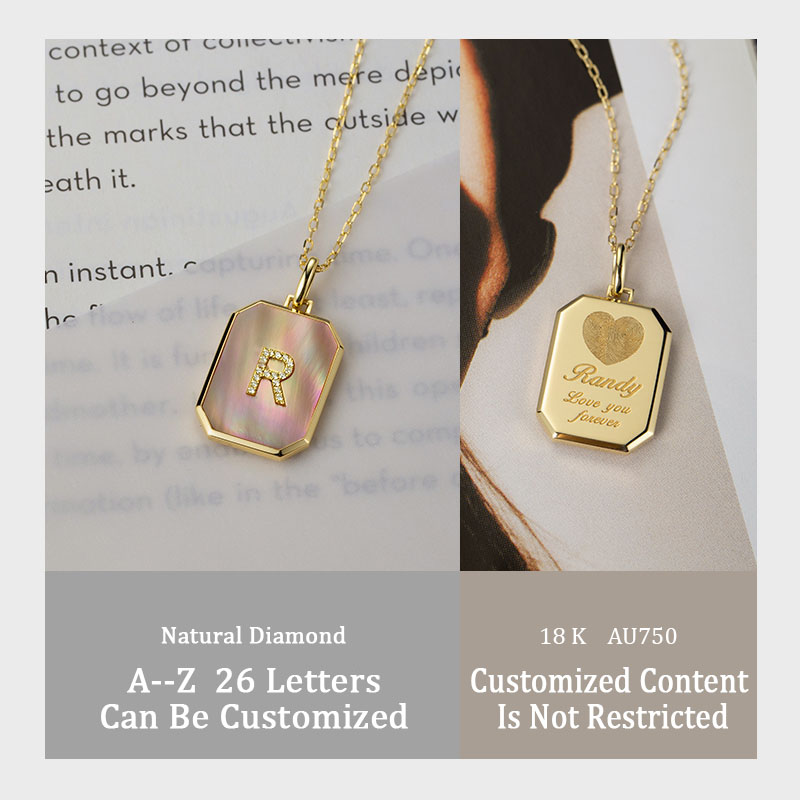 Custom Initial Necklace - 18K Gold Pink Mother-of-Pearl Square Pendant