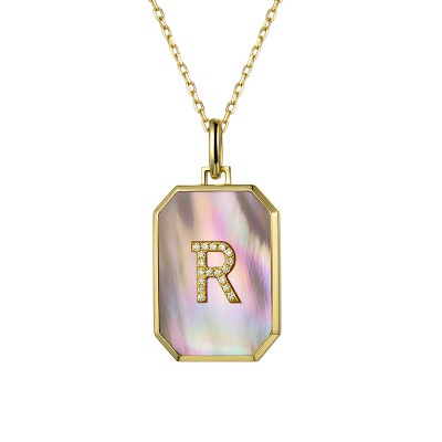 Custom Initial Necklace - 18K Gold Pink Mother-of-Pearl Square Pendant