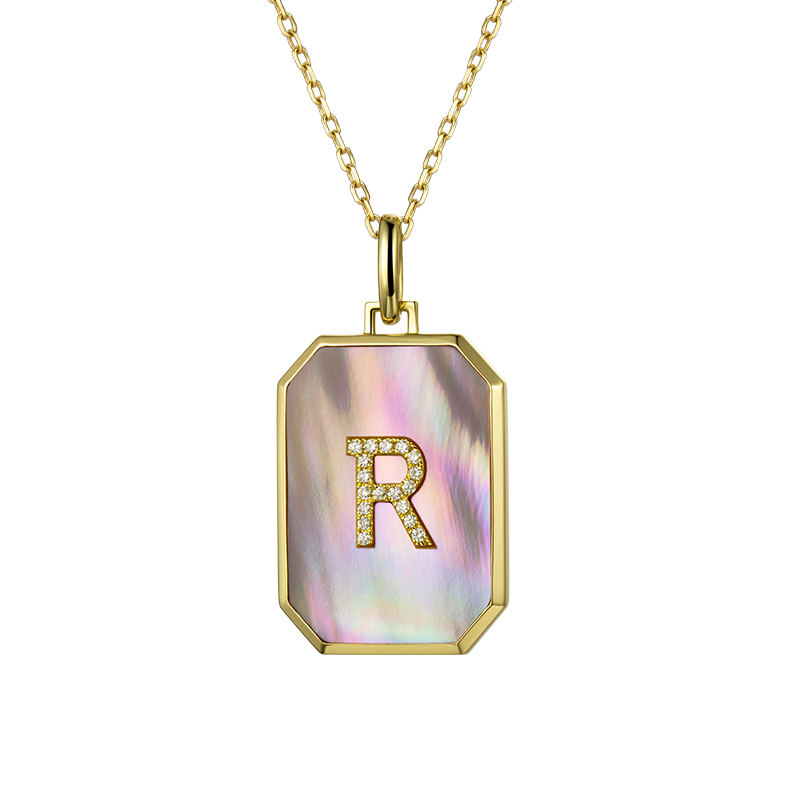 Custom Initial Necklace - 18K Gold Pink Mother-of-Pearl Square Pendant
