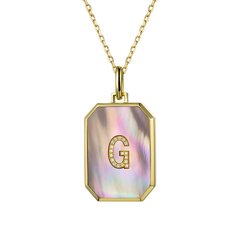 Custom Initial Necklace - 18K Gold Pink Mother-of-Pearl Square Pendant