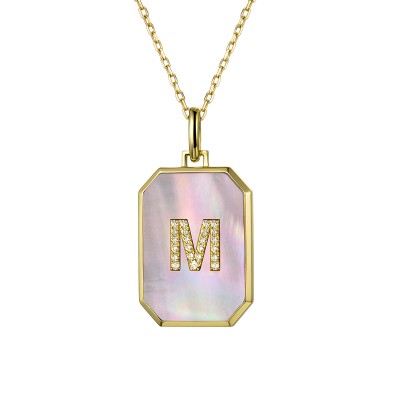 Custom Initial Necklace - 18K Gold Pink Mother-of-Pearl Square Pendant