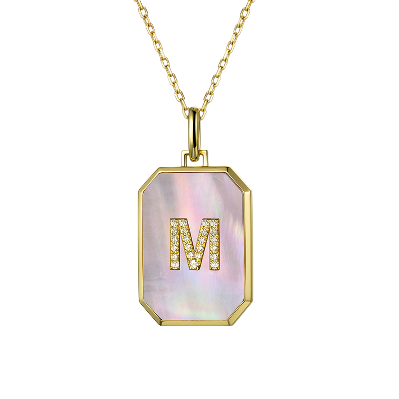 Custom Initial Necklace - 18K Gold Pink Mother-of-Pearl Square Pendant