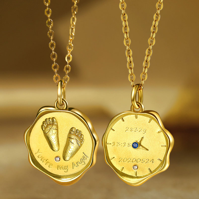 Custom Baby Hand & Footprint Wax Seal Watch-Face Pendant in 18K Gold