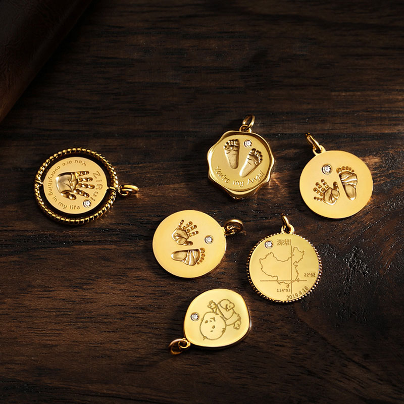 Custom Baby Hand & Footprint Wax Seal Watch-Face Pendant in 18K Gold