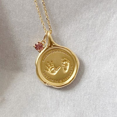 Custom Baby Hand & Footprint Wax Seal Watch-Face Pendant in 18K Gold