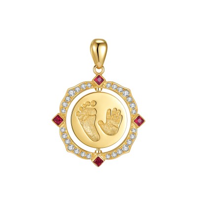 Spinning Custom Baby Handprint & Footprint Pendant in 18K Gold with Ruby Accents