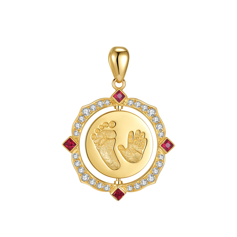 Spinning Custom Baby Handprint & Footprint Pendant in 18K Gold with Ruby Accents