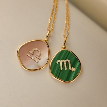 Custom Zodiac Necklace - 18K Gold & Malachite Engraved Pendant